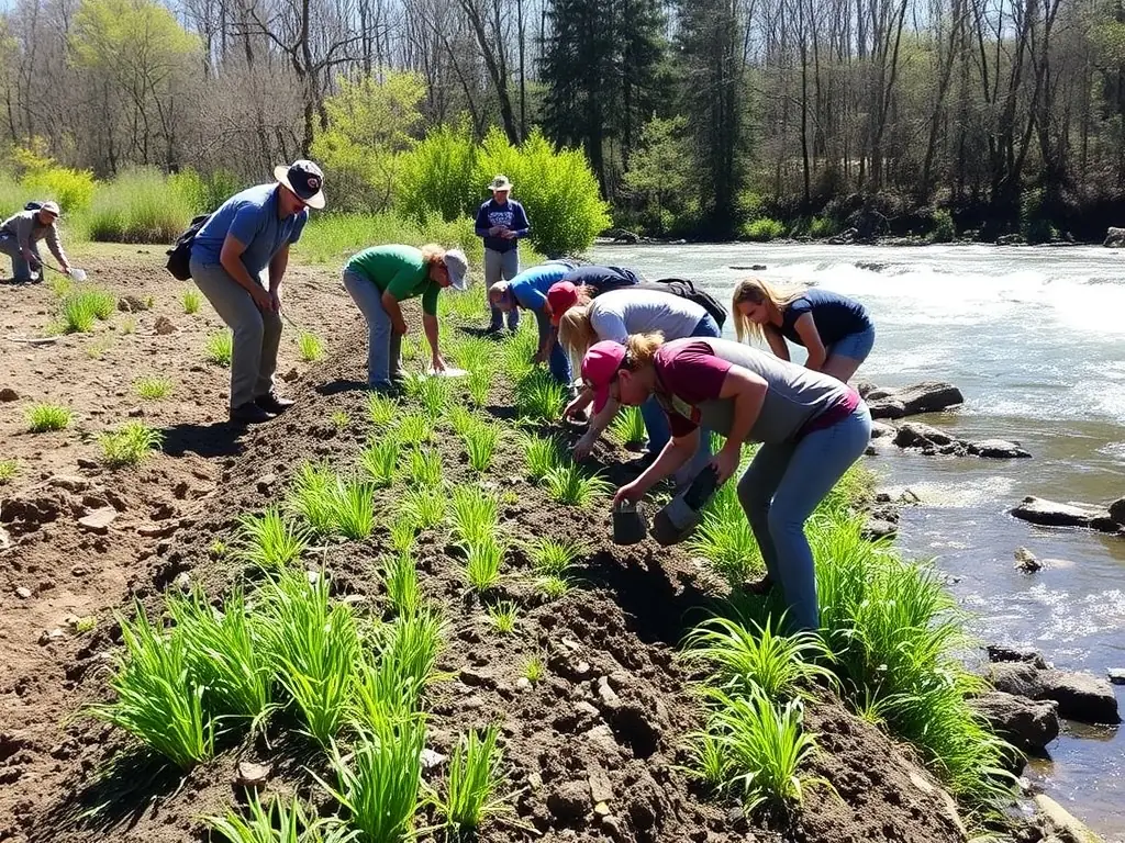 A photograph showcasing habitat restoration efforts, with volunteers planting native vegetation along a riverbank to improve fish spawning grounds and overall ecosystem health.