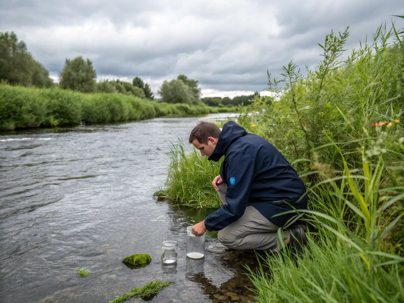 A serene image of a researcher collecting water samples from a clear river, showcasing the organization's commitment to water quality monitoring and scientific data collection.