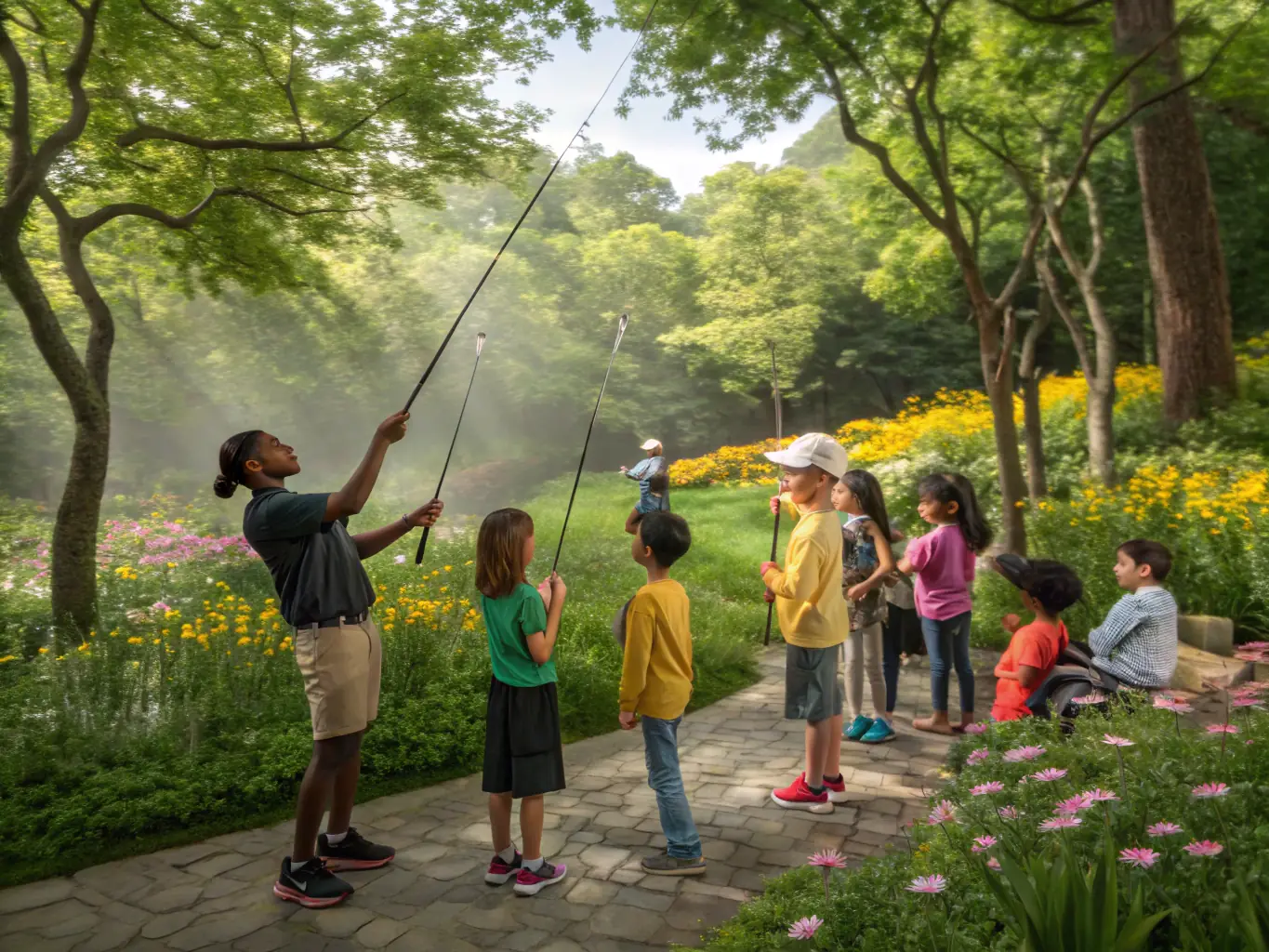An engaging image of children participating in a fishing education program, highlighting the organization's commitment to educating the public about responsible fishing practices and environmental conservation.