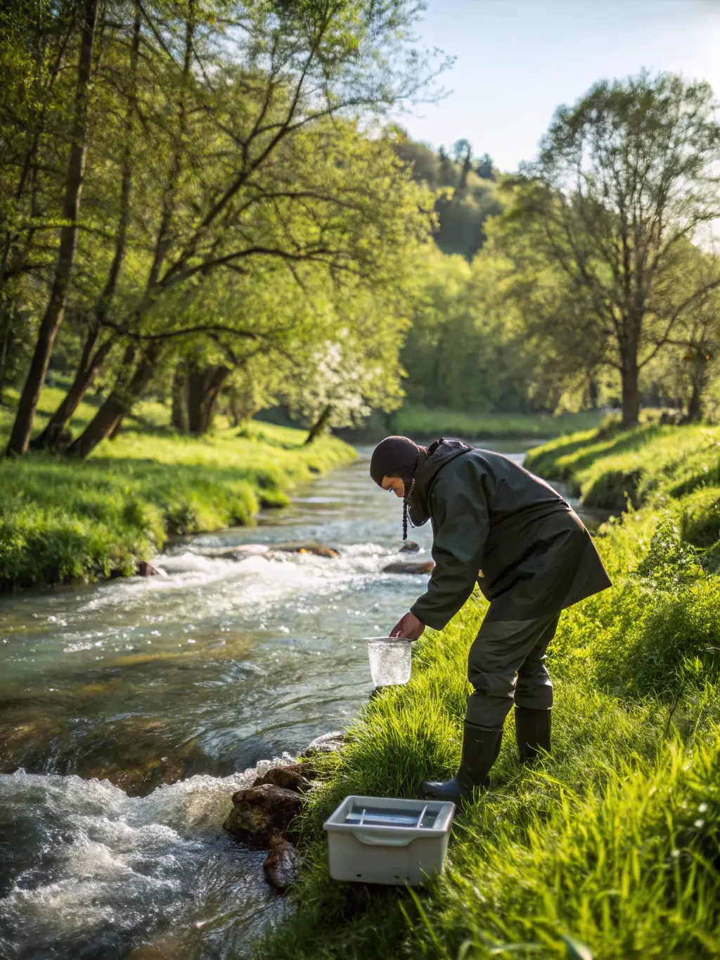A photograph showcasing volunteers collecting water samples from a local river, emphasizing the organization's commitment to water quality monitoring.