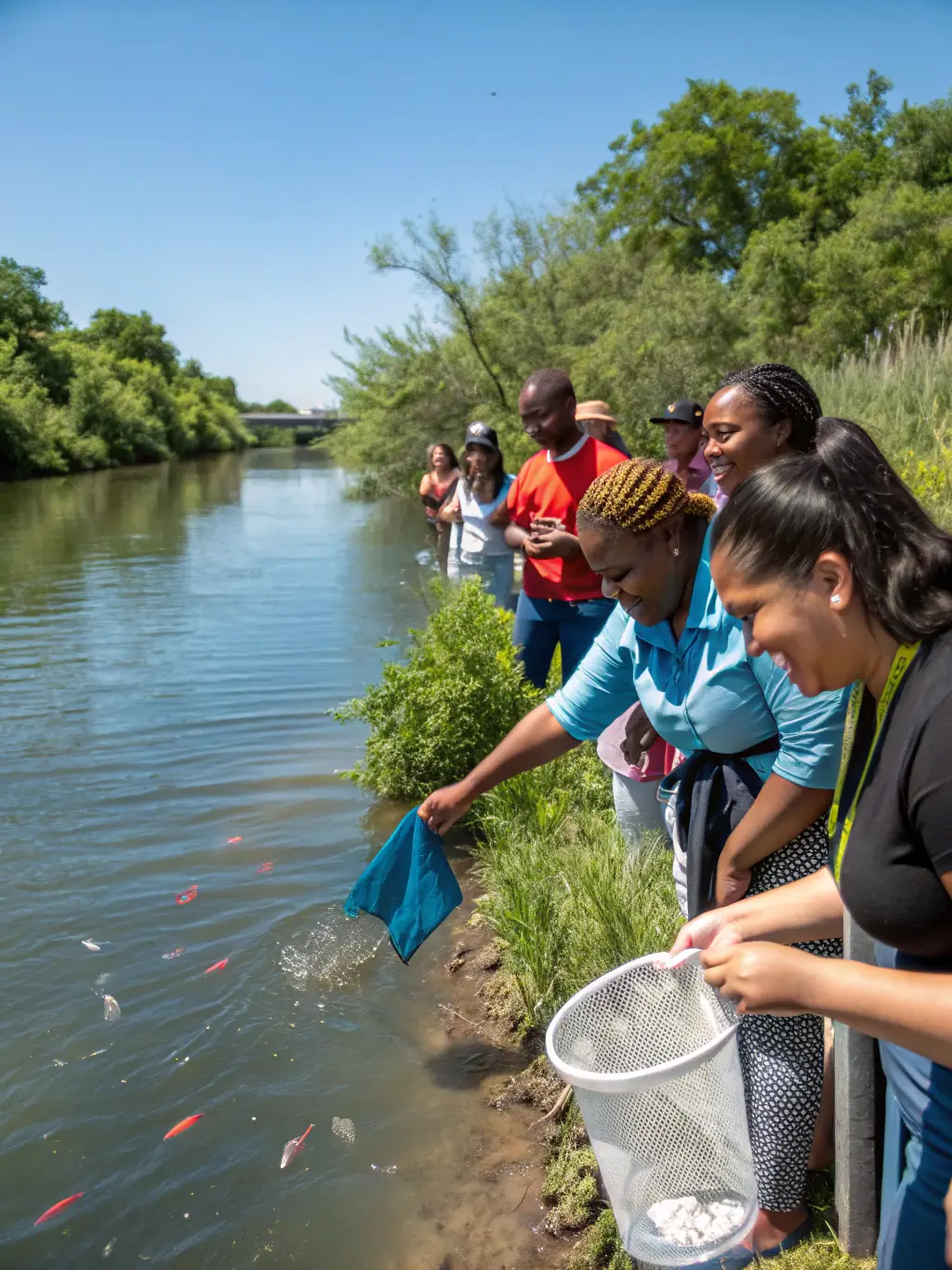 A picture of a group of members constructing fish habitats in a stream, highlighting the organization's habitat enhancement efforts.