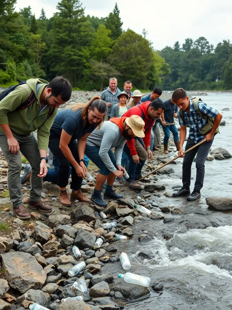 A group of association members participating in a river cleanup, emphasizing community involvement and environmental stewardship.